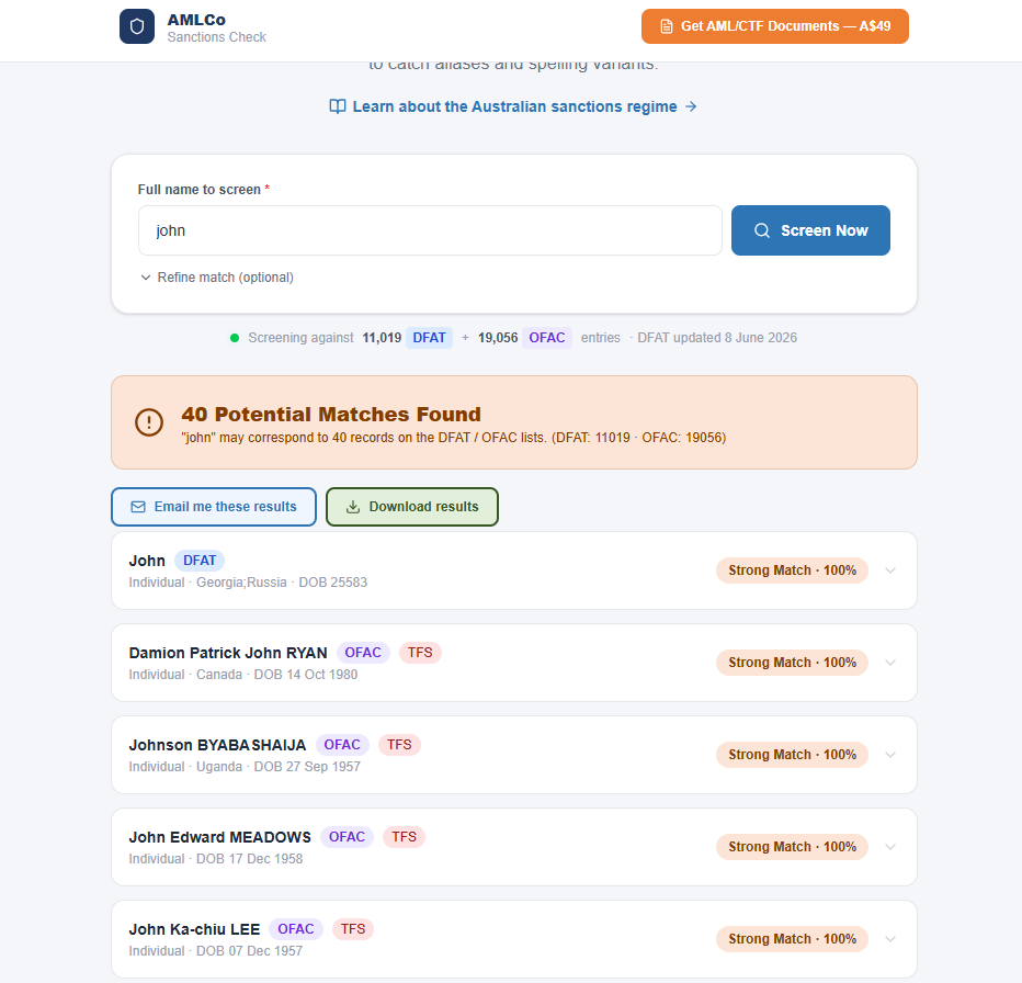 SanctionCheck — screening results showing DFAT and OFAC SDN matches with source badges and confidence scores